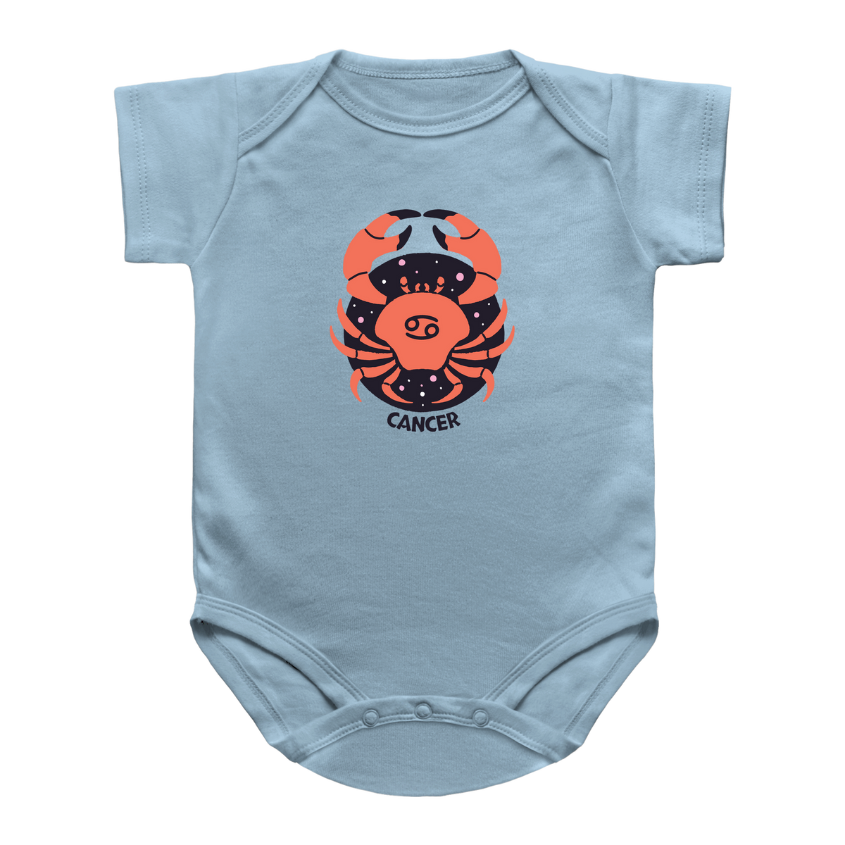 A blue baby infant bodysuit featuring a graphic of a Cancer zodiac sign in orange and black, with the word &