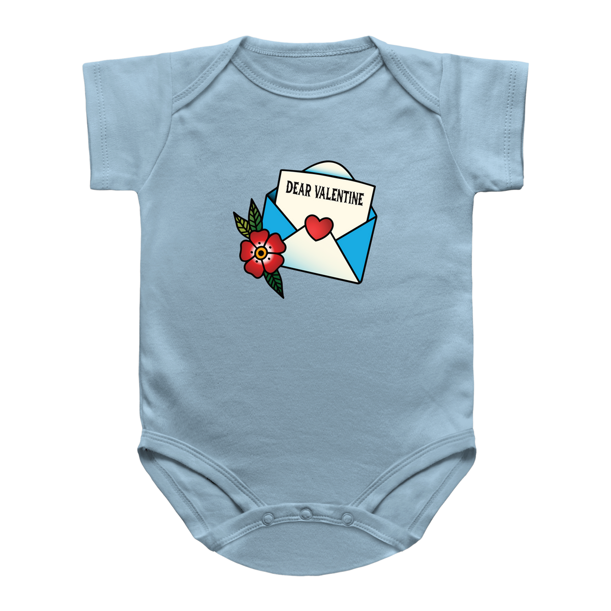 A light blue infant onesie featuring a graphic print of a red flower, a blue and white envelope, and a card that reads &