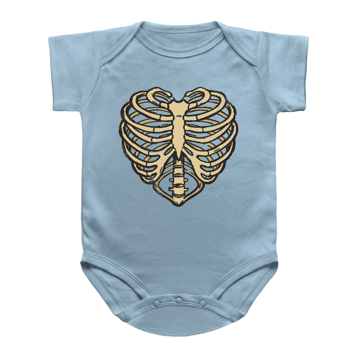A light blue short-sleeve infant onesie featuring a gold-colored heart rib cage graphic on the chest, displayed against a solid white background.