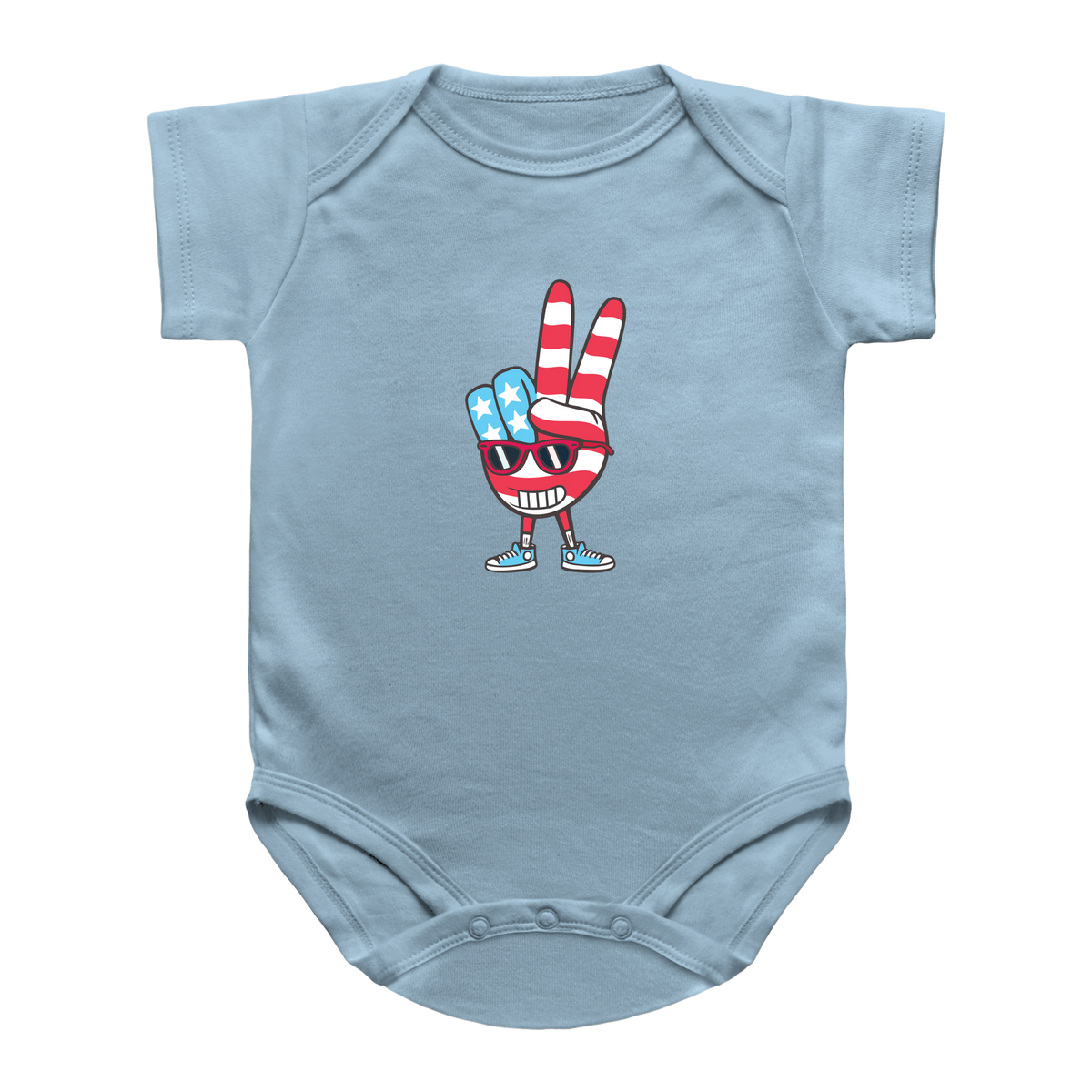 A light blue short-sleeve 4th of July baby bodysuit featuring a cartoon graphic of a hand making a peace sign with red and white stripes and blue accents, set against a plain white background.