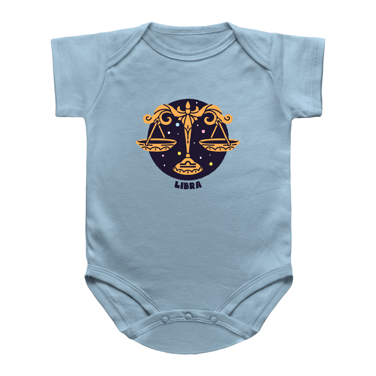 A light blue baby bodysuit featuring a Libra zodiac sign graphic on the chest, displayed against a solid white background.