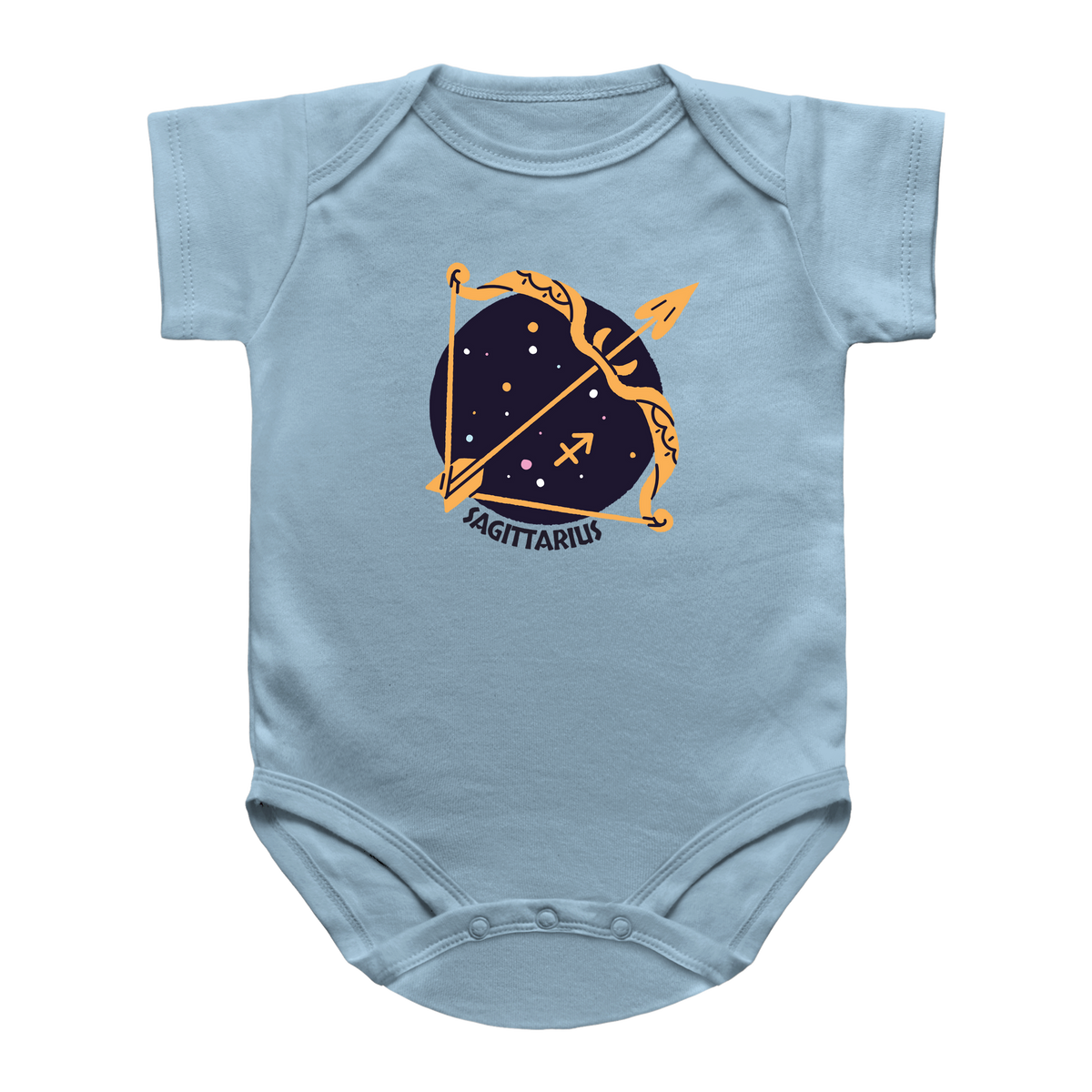 A light blue baby onesie featuring a Sagittarius astrology graphic on the chest.