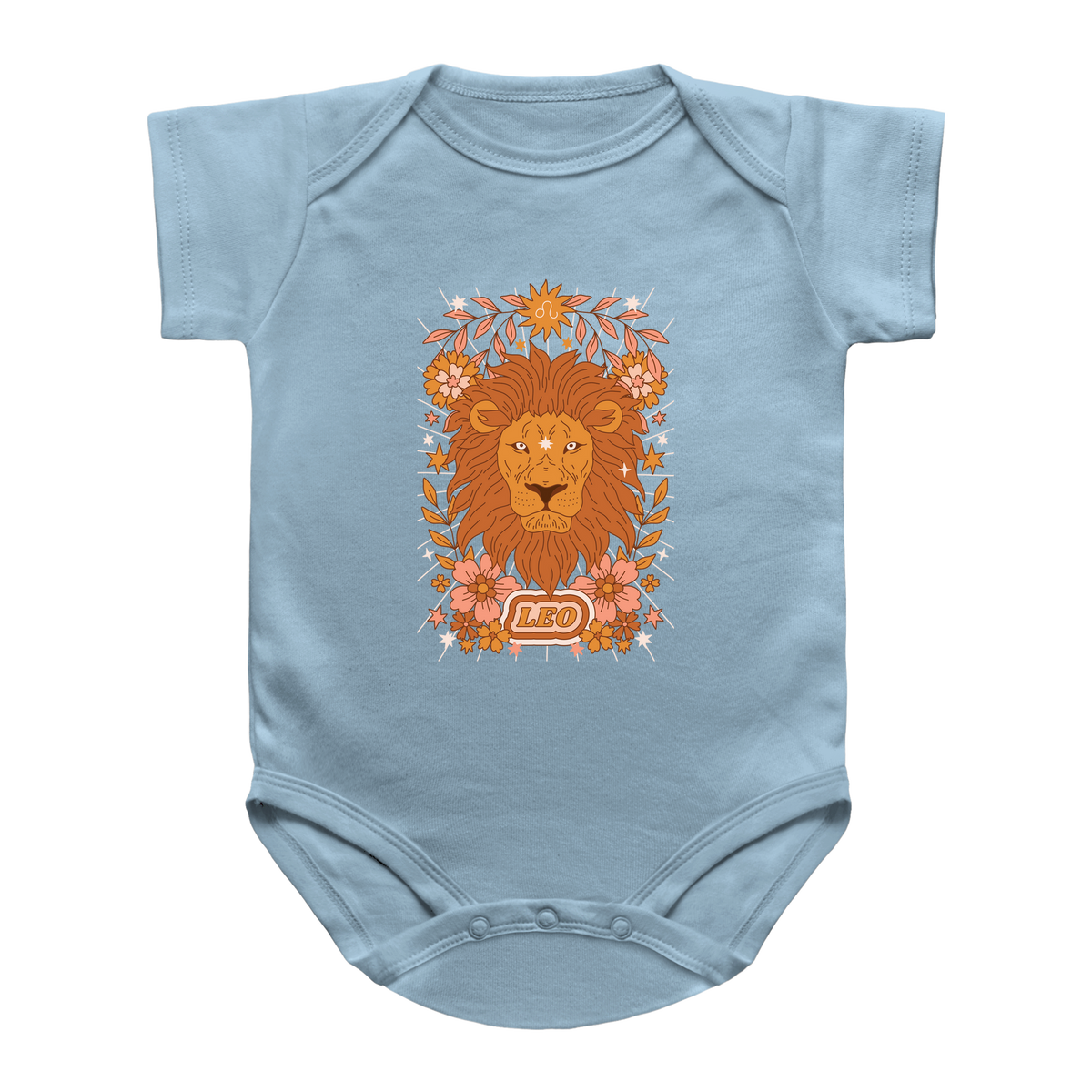 A tarot blue baby bodysuit featuring a colorful graphic Leo astrology sign print of a lion surrounded by flowers and leaves, with the word &
