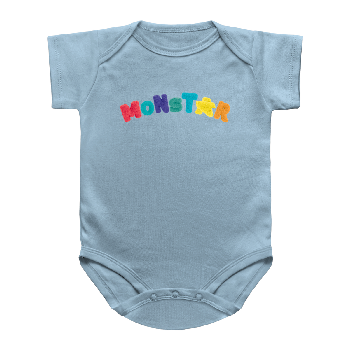A light blue infant onesie with the word &