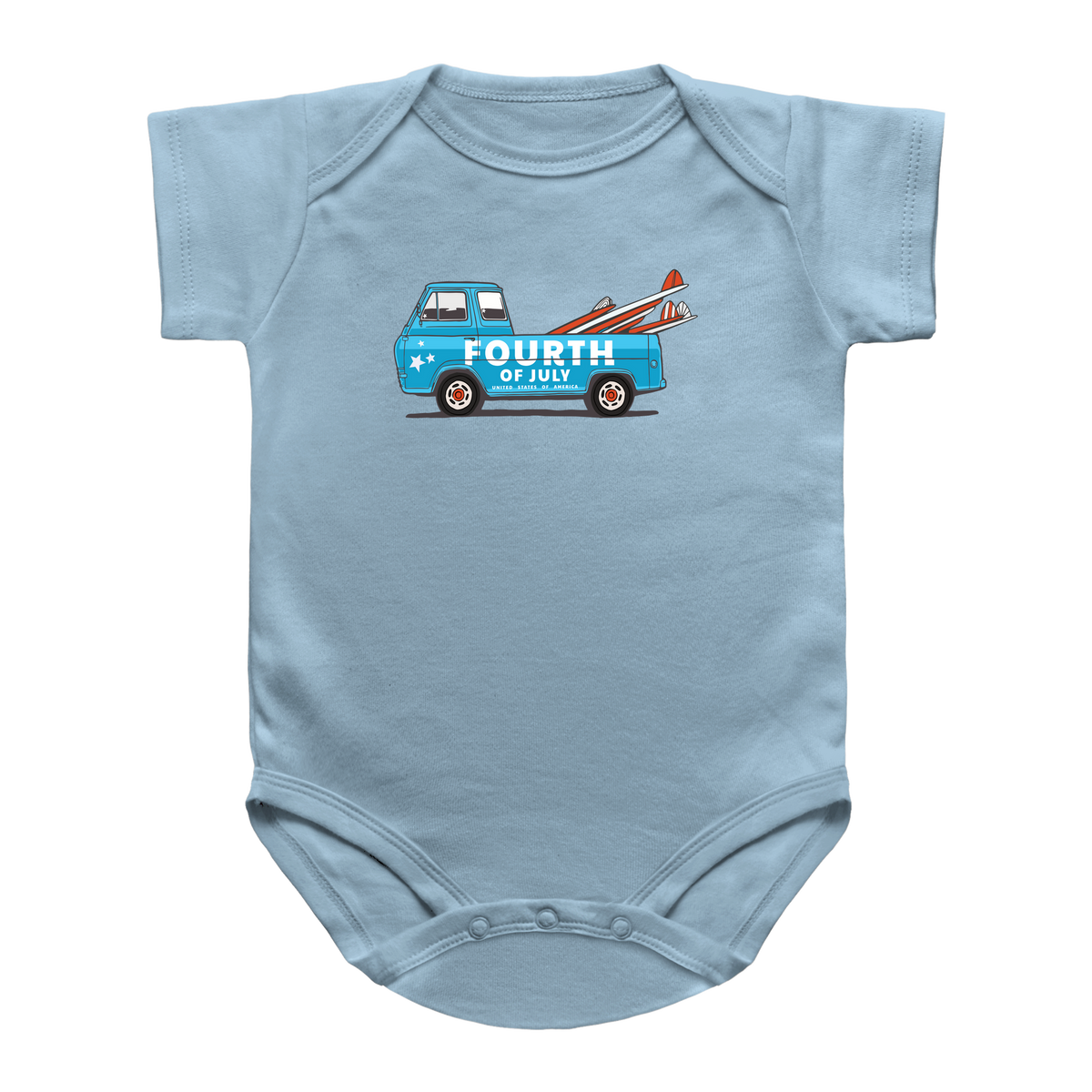 A light blue short-sleeve baby bodysuit featuring a graphic of a blue surf truck carrying red and white surfboards with the text &
