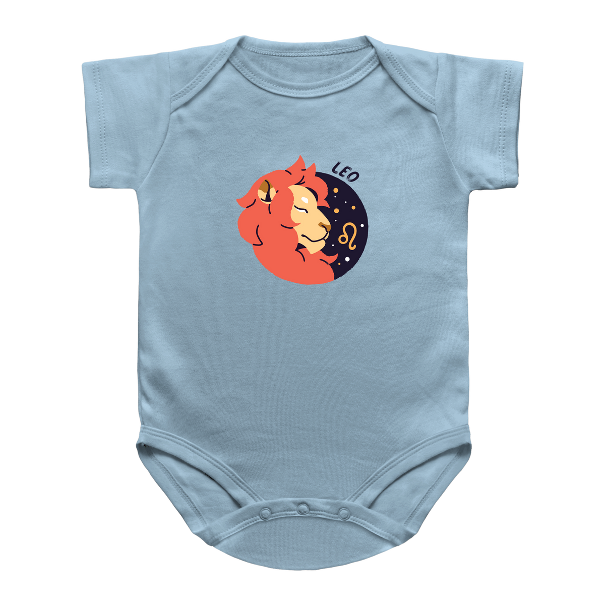 A light blue short-sleeve infant onesie with a graphic of a Leo zodiac sign, featuring an orange lion face against gold stars and the word &