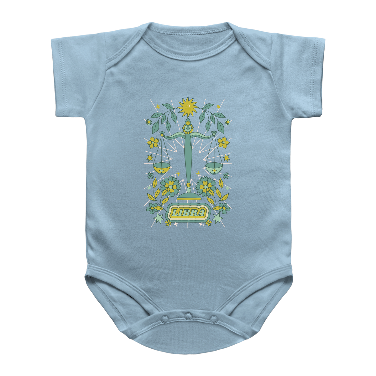 A light blue infant onesie featuring a tarot graphic of a green scale of justice Libra surrounded by yellow flowers and green leaves, with the word &