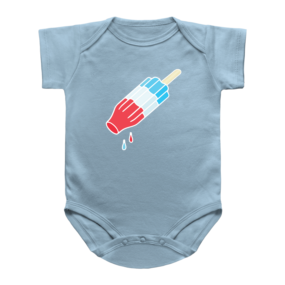 A light blue short-sleeve infant onesie featuring a graphic of a rocket pop with red, white, and blue stripes. Meant for the 4th of July summer.