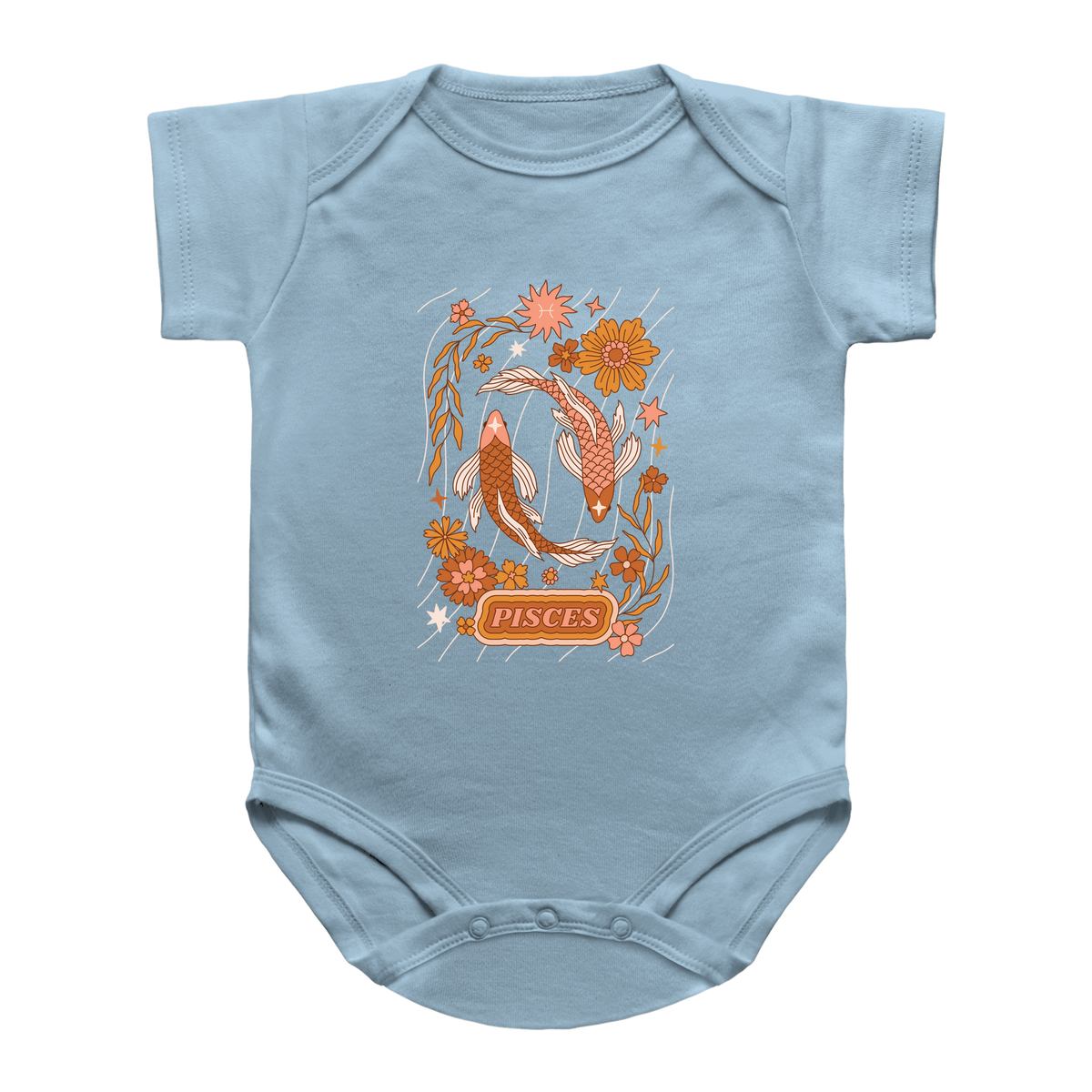 A light blue infant bodysuit featuring a Pisces zodiac graphic on the chest with koi fish, flowers, and the word &