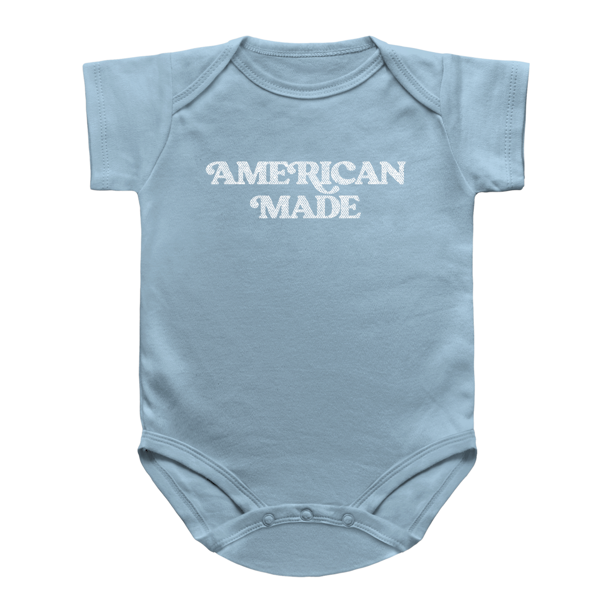 A light blue short-sleeve infant onesie with &