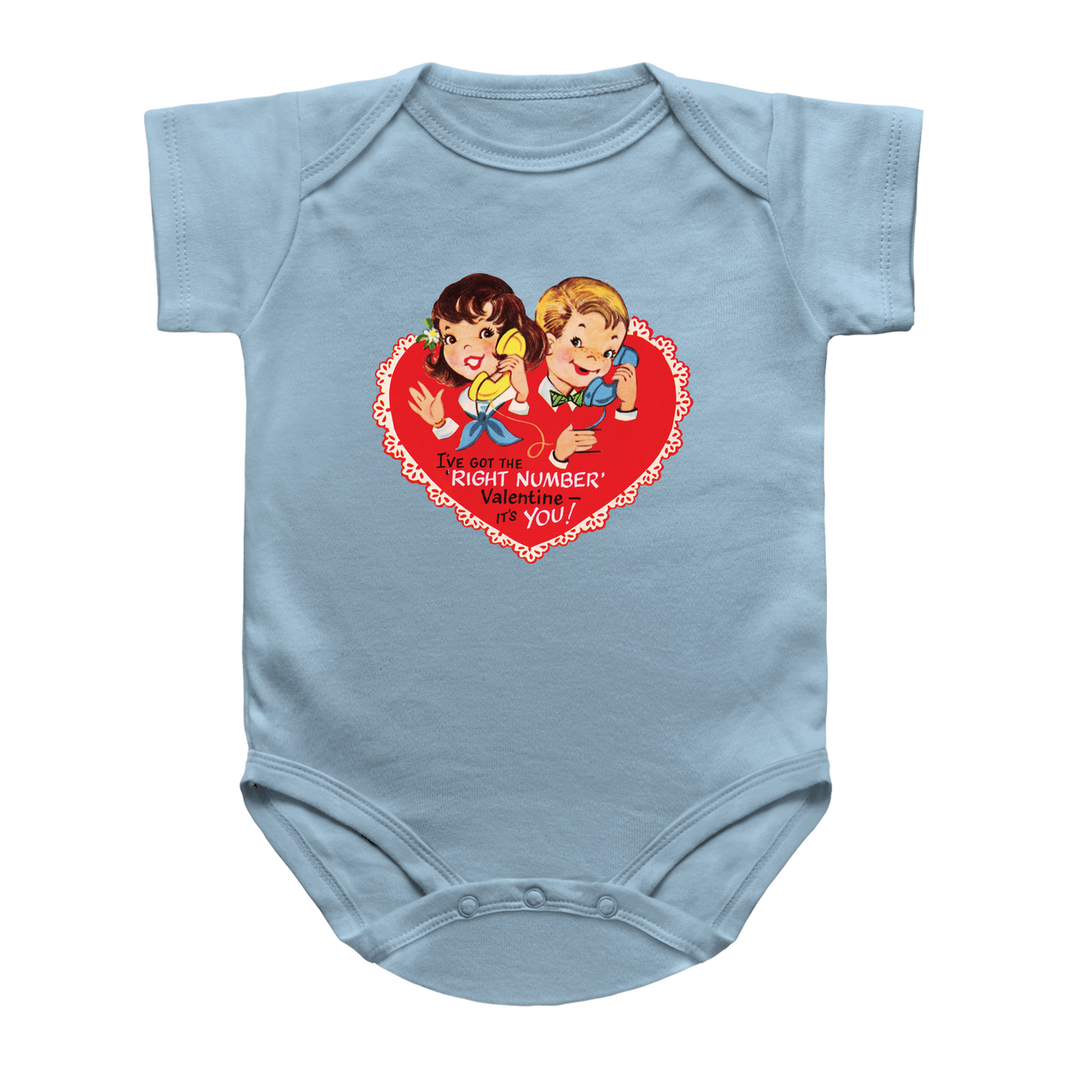 A light blue baby bodysuit featuring a retro-style red heart graphic on the chest with cartoon characters and the text &
