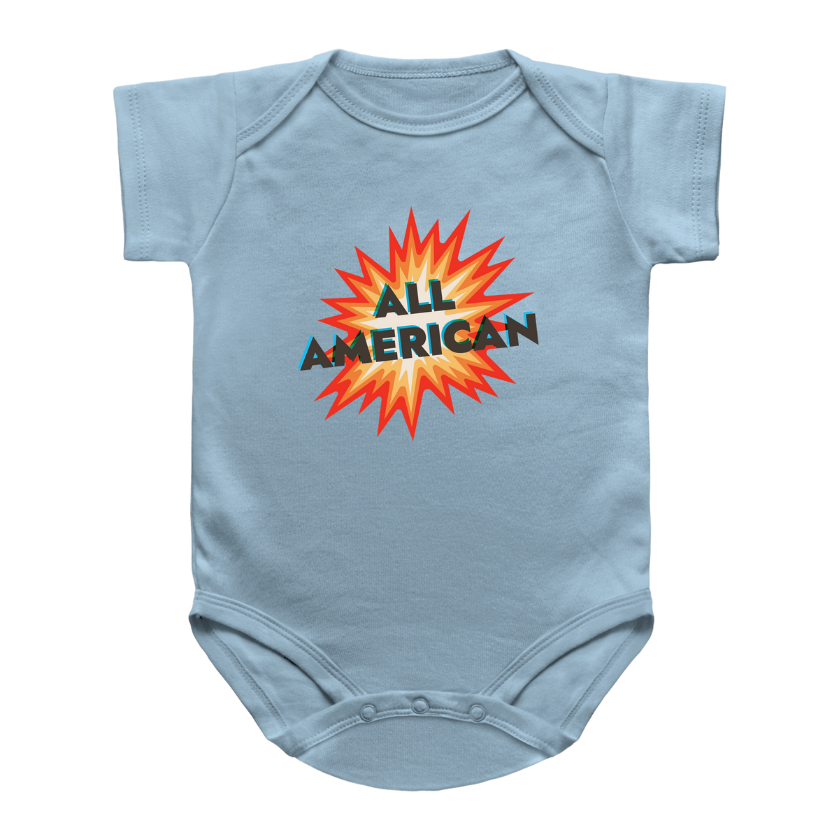 A fourth of july light blue short-sleeve baby onesie featuring a graphic print on the chest with a red, orange, and yellow firecracker design and the text &