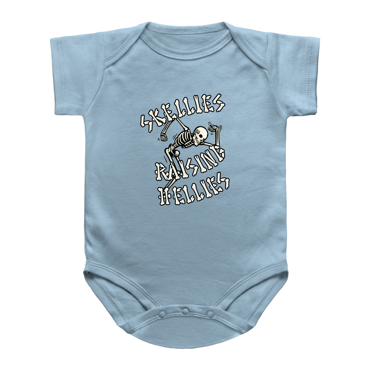 A light blue short-sleeve baby bodysuit with a graphic print of a skeleton playing a guitar and the text &