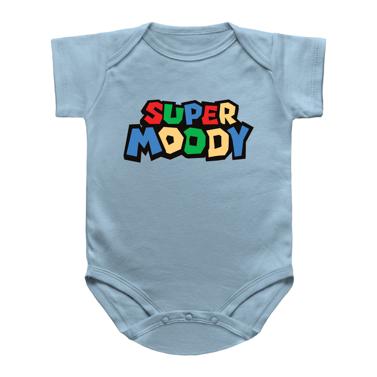 A light blue infant onesie featuring a colorful mario retro graphic on the chest that reads &
