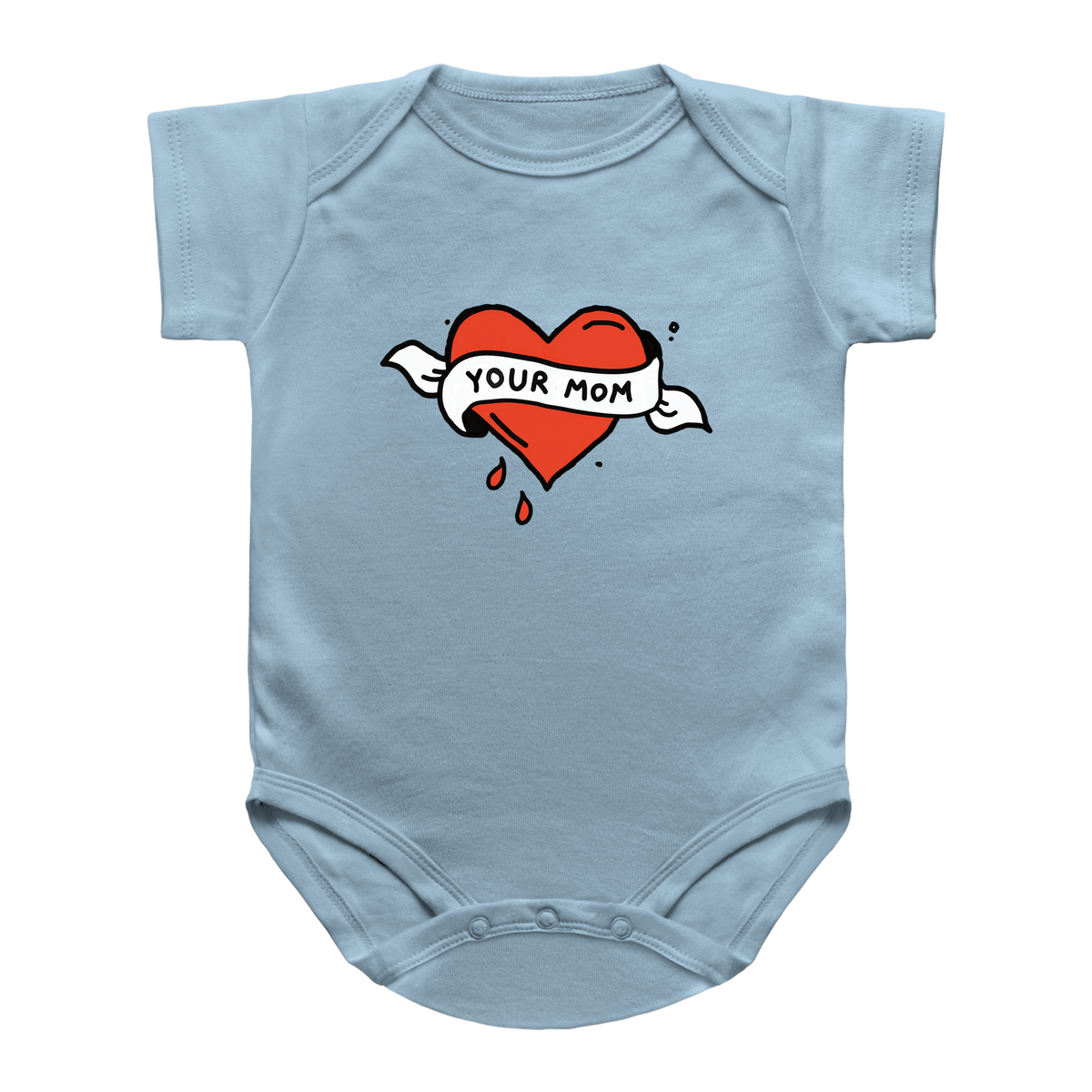 A light blue baby bodysuit featuring a tattoo graphic of a dripping red heart with a white banner that reads &