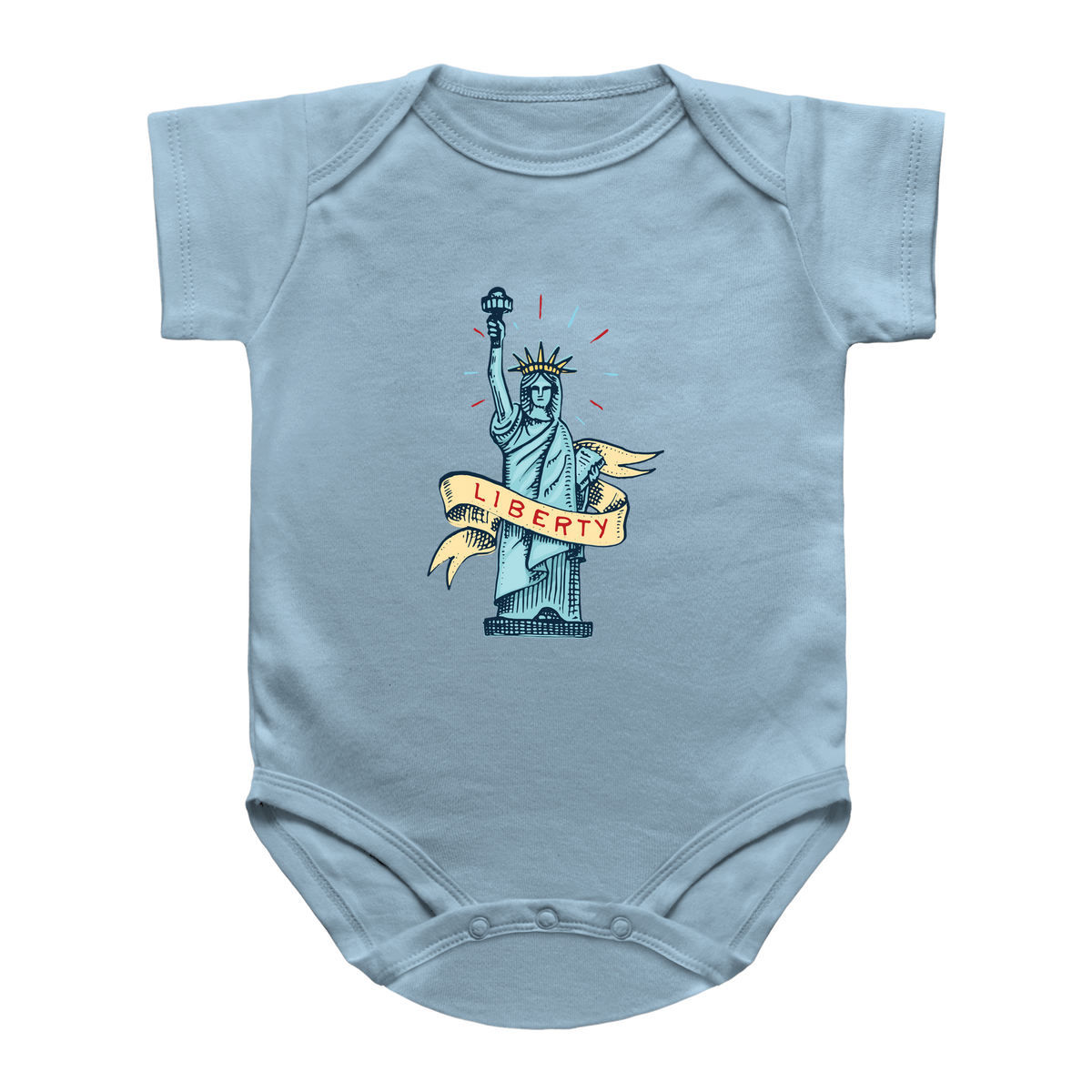 A light blue short-sleeve infant onesie for the 4th of July featuring the Statue of Liberty with a banner reading &