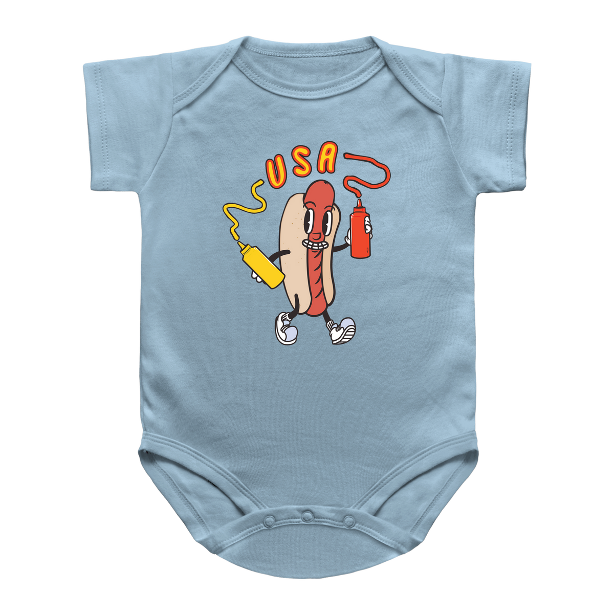 A 4th of July light blue short-sleeve baby onesie featuring a hot dog holding a yellow mustard bottle and a red ketchup bottle, with the word &