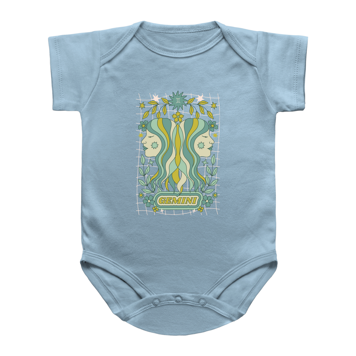 A blue baby bodysuit featuring a retro-style Gemini tarot graphic on the chest with green, yellow, and white wavy lines, flowers, and a grid pattern.