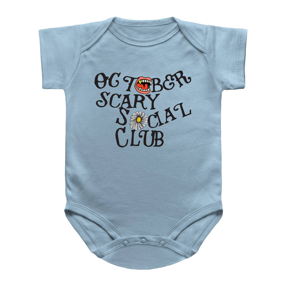 A light blue infant onesie featuring a print on the front that reads &