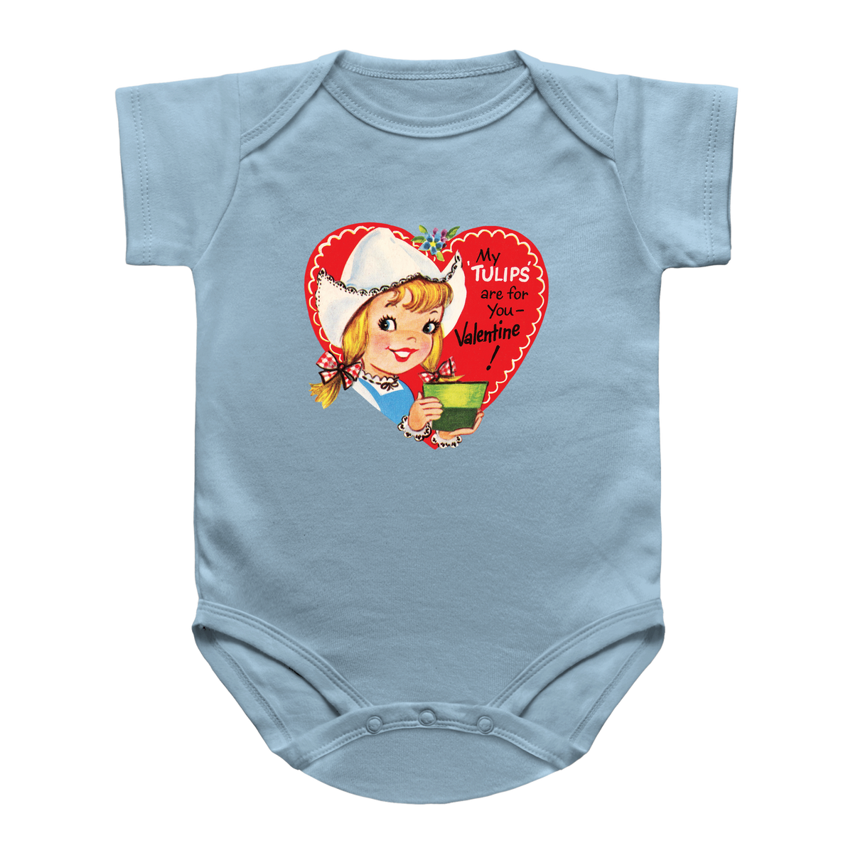 A light blue short-sleeve baby bodysuit featuring a vintage-style Valentine&