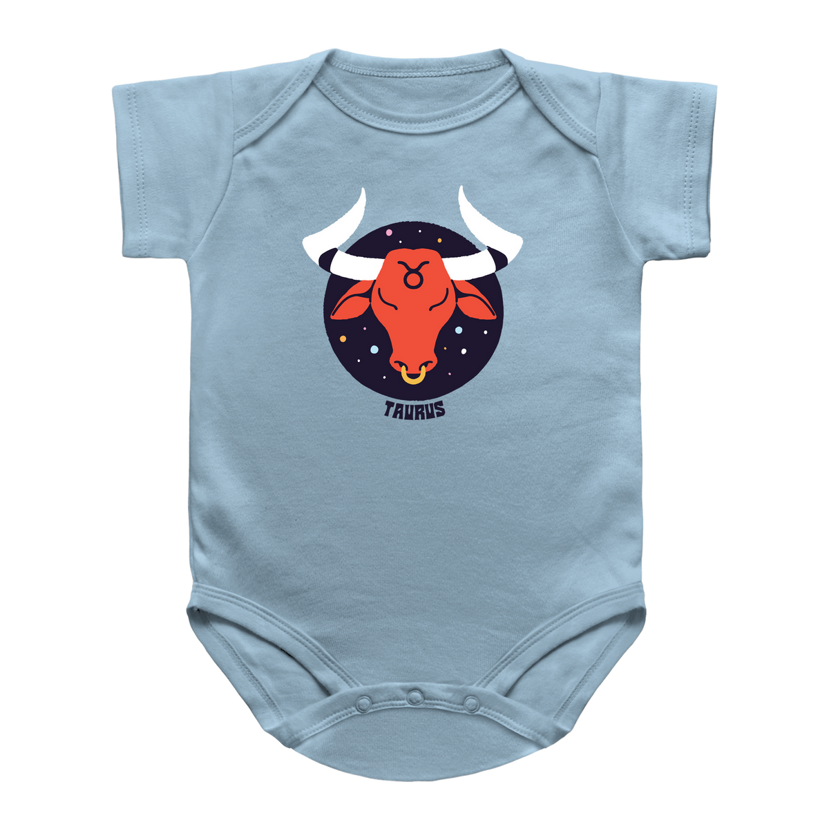 A light blue infant bodysuit featuring a graphic of the Taurus zodiac sign, including a red bull head with white horns inside a dark starry circle, on a plain white background.