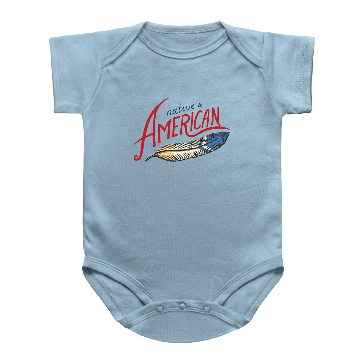 A light blue baby onesie featuring a feather graphic with the text &