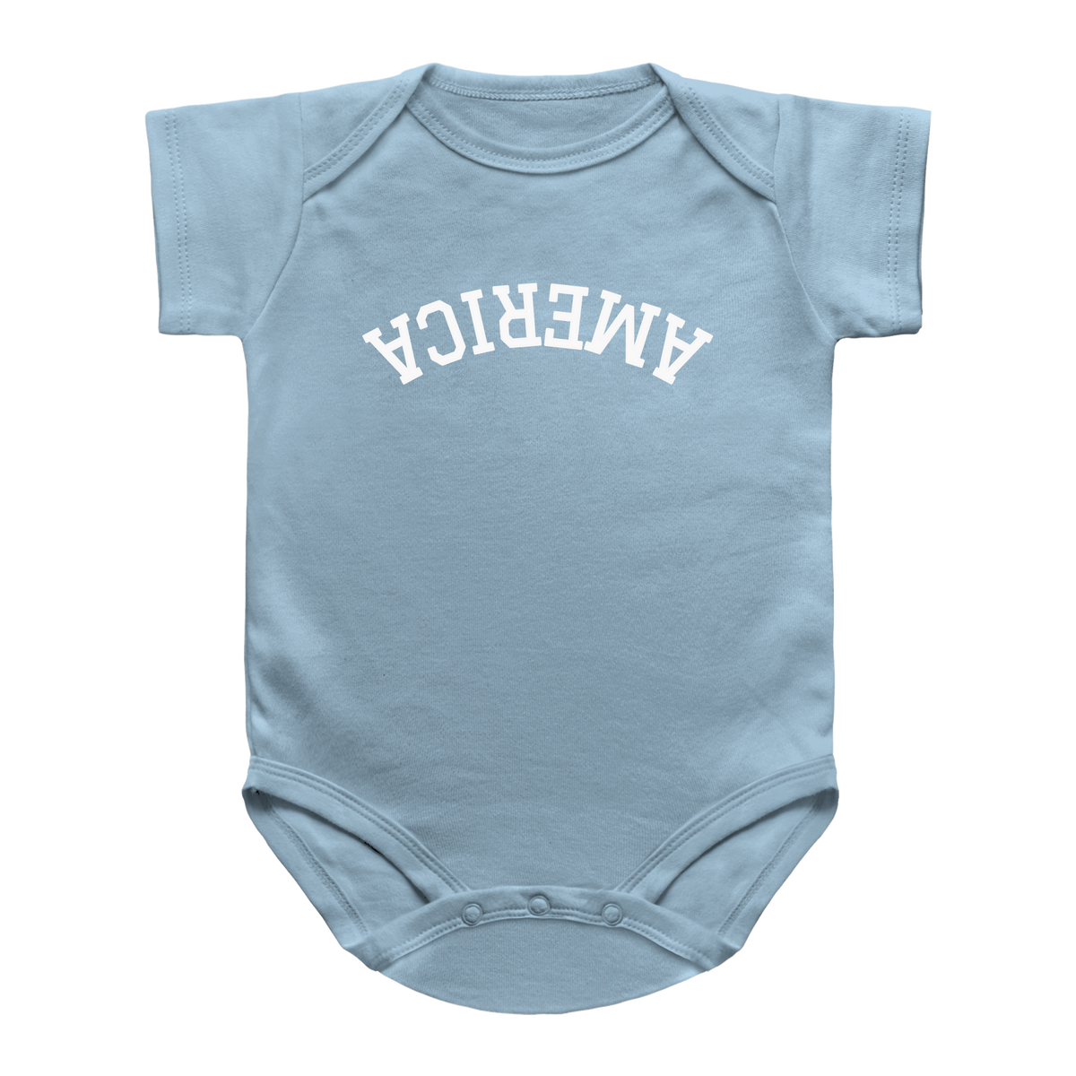 A short-sleeve infant onesie for 4th of July in light blue with the word &