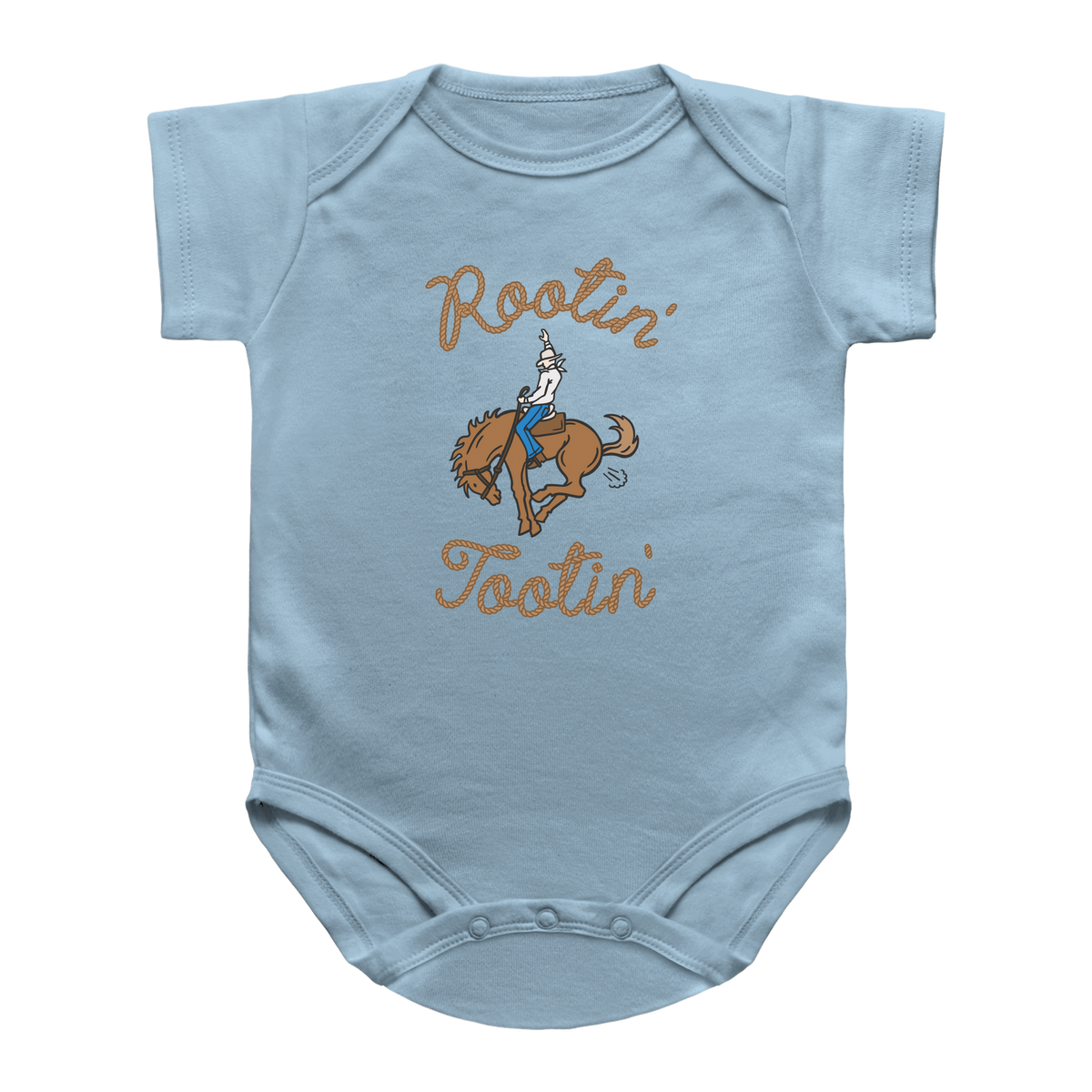 A blue short-sleeve infant onesie with a graphic of a cowboy riding a bucking horse, farting and the words Rootin&