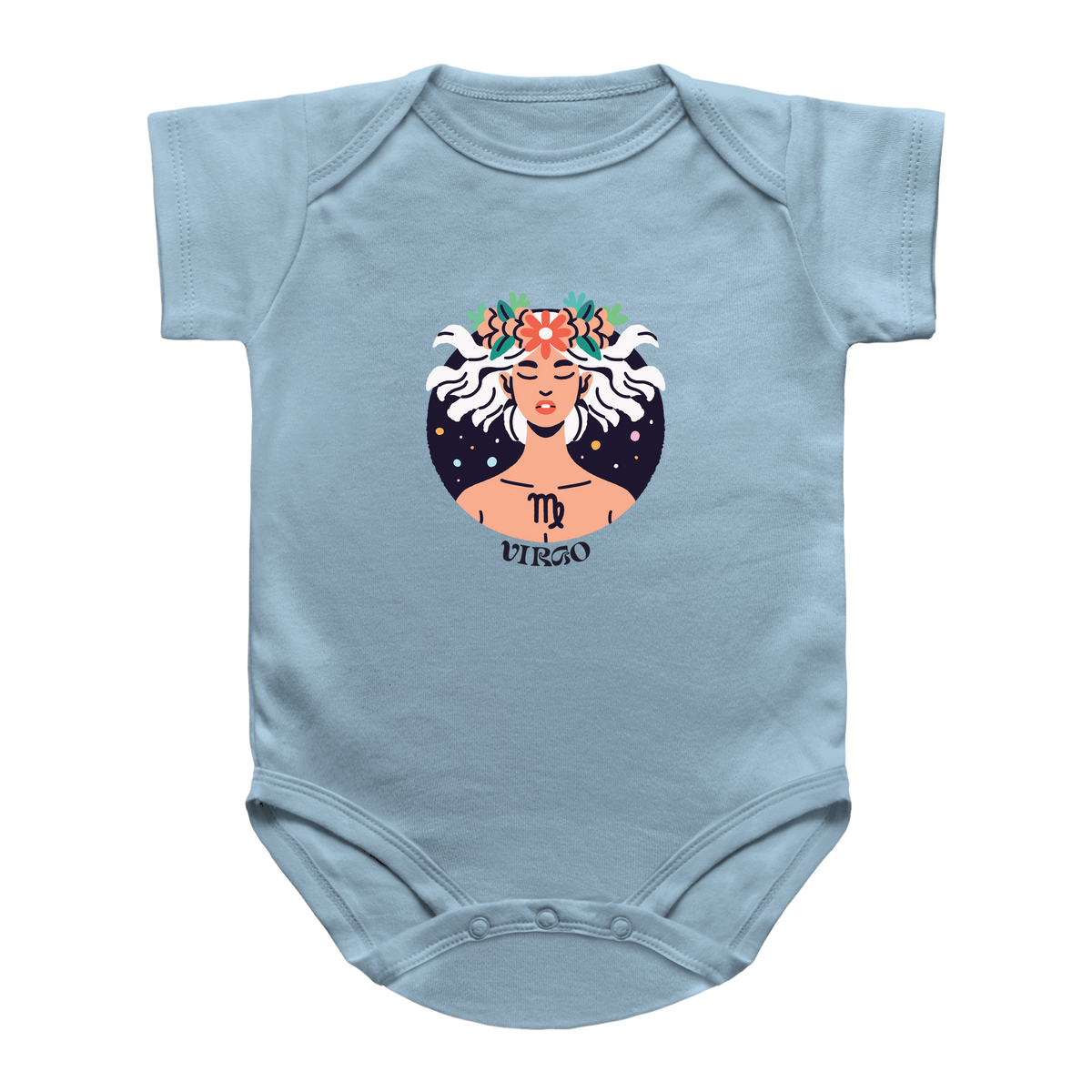 Light blue short-sleeve infant onesie featuring a central graphic of a woman with white hair, a floral crown, and the Virgo astrology symbol and name printed below.