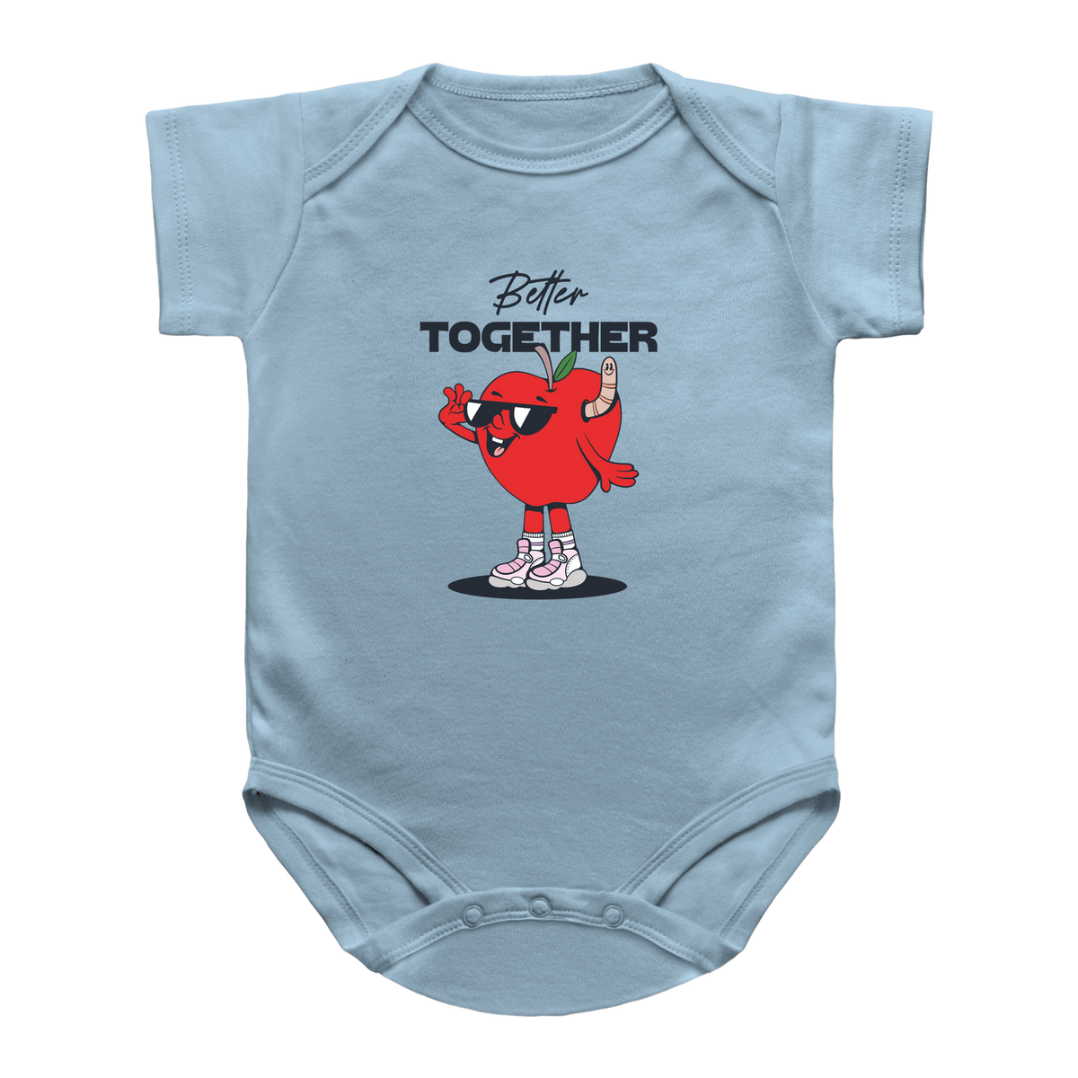 A light blue infant onesie featuring a Valentine&