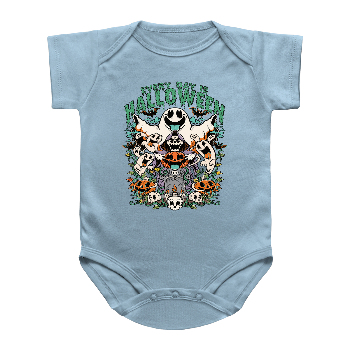 A light blue short-sleeve infant onesie featuring a colorful Halloween graphic on the chest with the text &