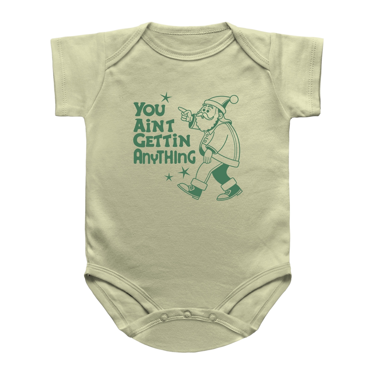 A beige Christmas infant onesie with a graphic print of a pointing Santa and the text &