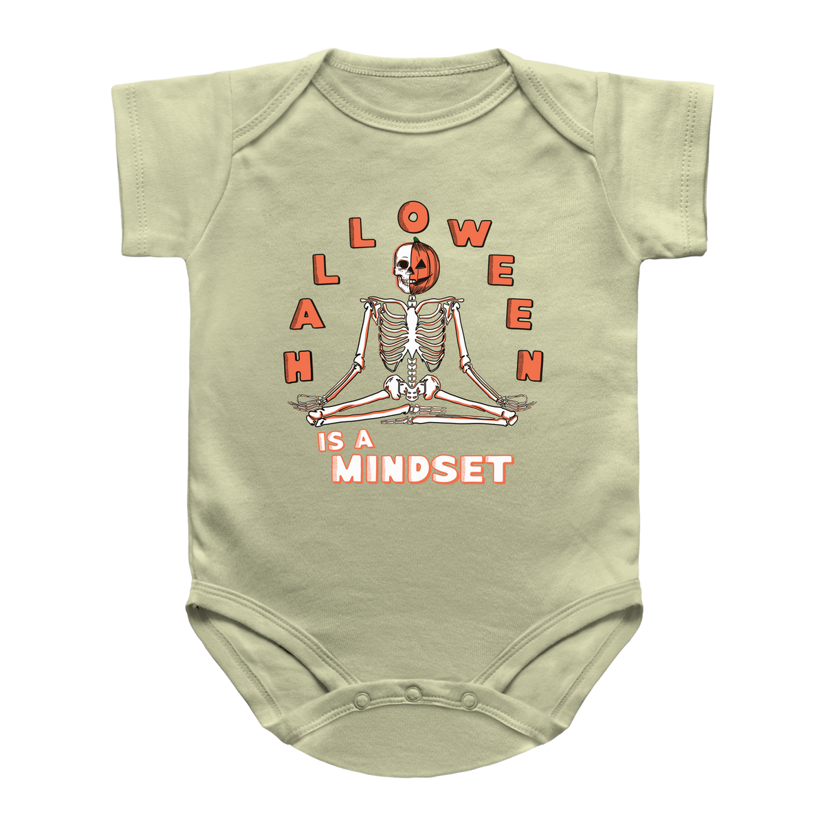 A sage short-sleeve infant bodysuit featuring a Halloween-themed graphic of a meditating skeleton with a jack-o&