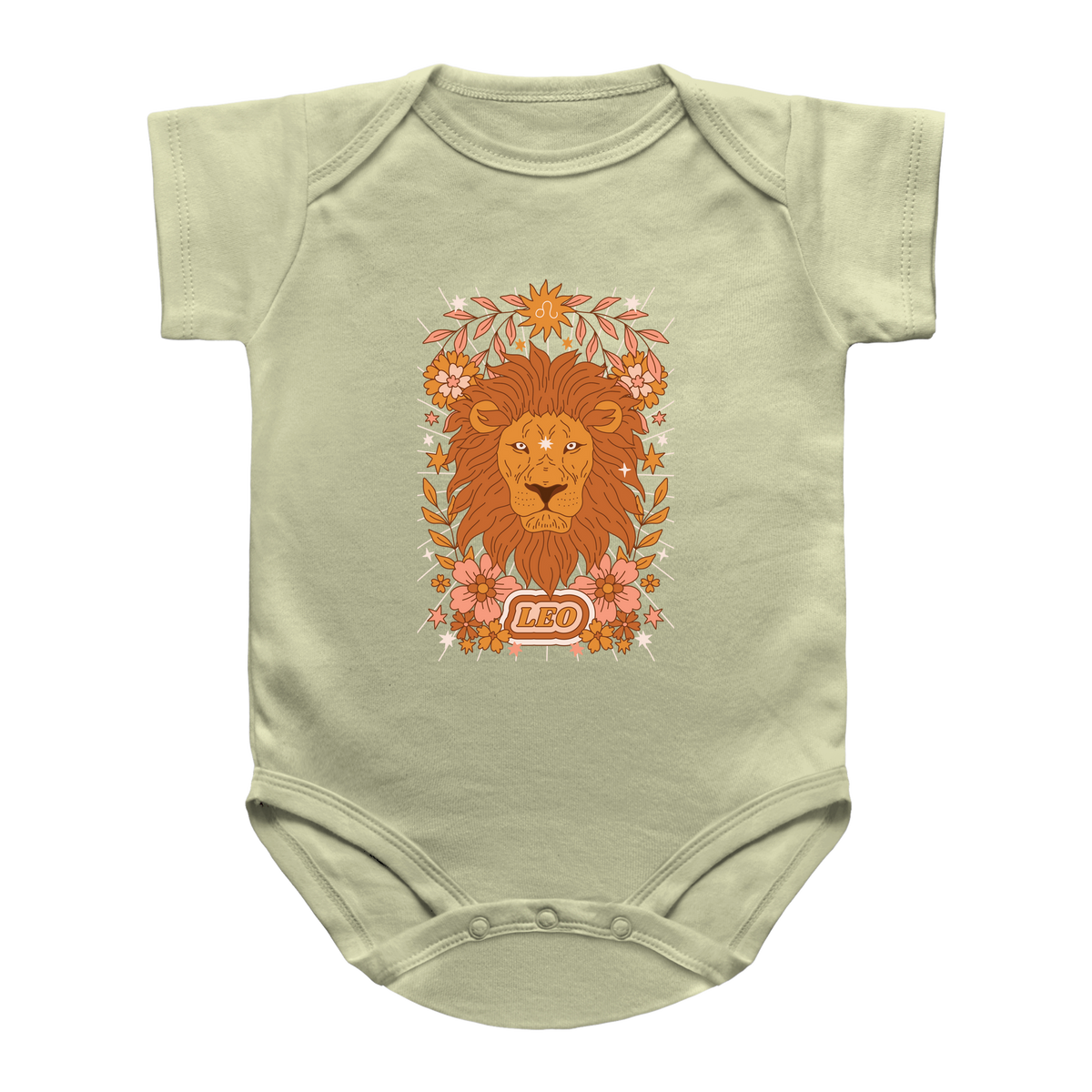A natural infant onesie featuring a colorful graphic Leo astrology sign print of a lion surrounded by flowers and leaves, with the word &