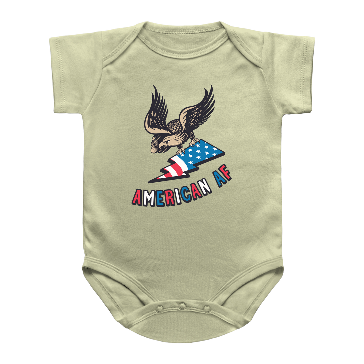 A light yellow short-sleeve infant bodysuit for 4th of July featuring a graphic of an eagle holding an American flag with the text &