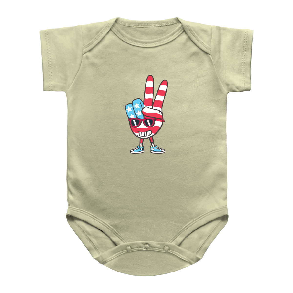A 4th of July light sage green baby bodysuit featuring a cartoon graphic of a peace sign hand made from an American flag, wearing blue sneakers and sunglasses, displayed on a solid white background.