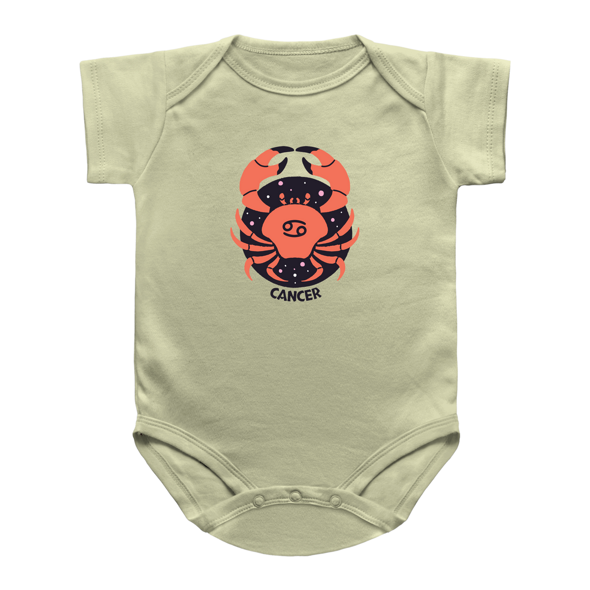 A natural baby infant bodysuit featuring a graphic of a Cancer zodiac sign in orange and black, with the word &