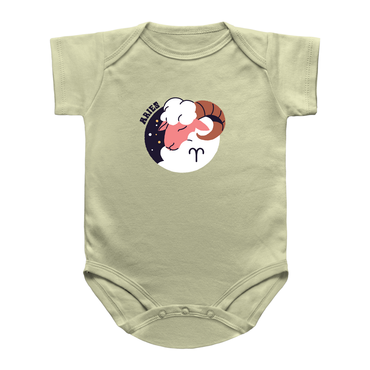 A natural short-sleeve infant baby bodysuit featuring a circular graphic of a ram&