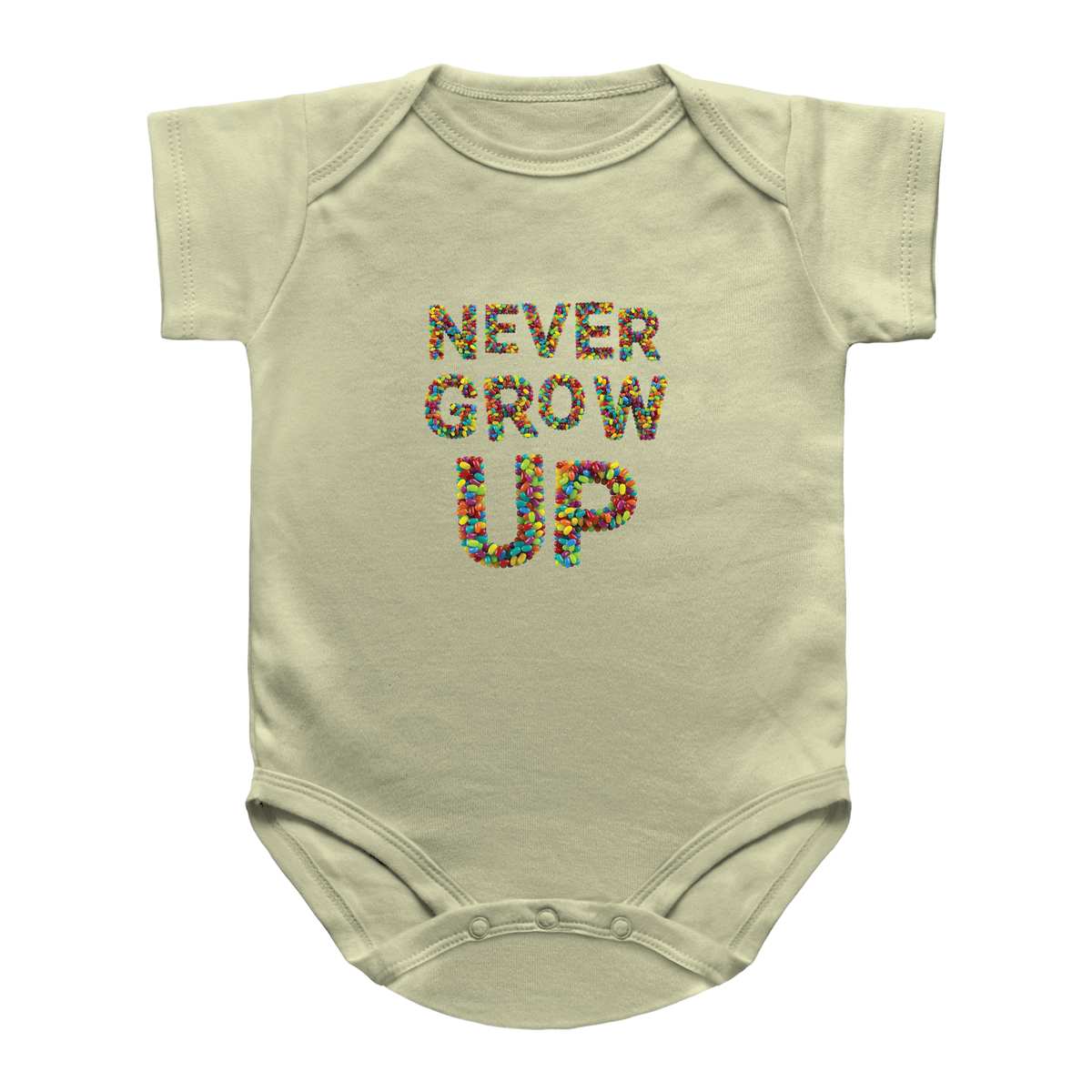 A natural infant onesie with short sleeves and a colorful jellybean graphic text reading &