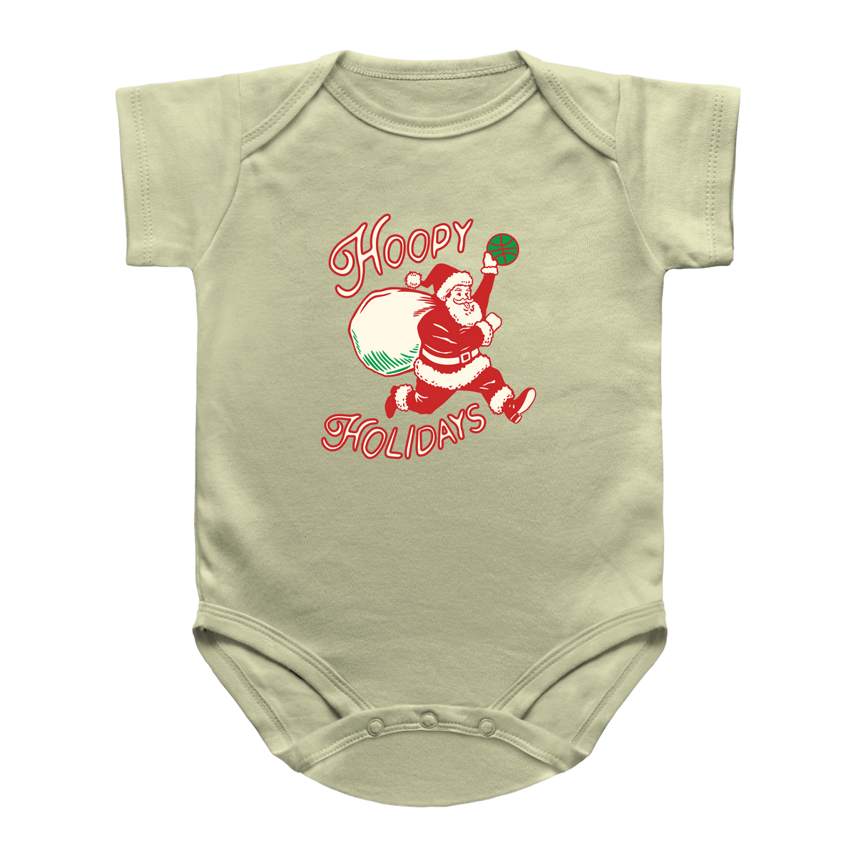 A sage green short-sleeve baby onesie featuring a vintage-style graphic of Santa Claus dunking a basketball with the text &