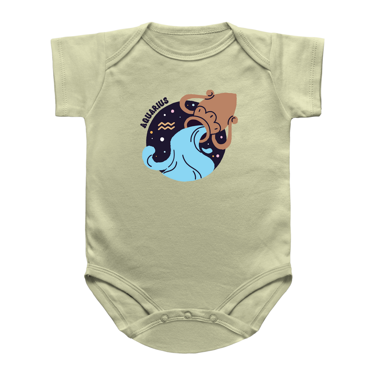 A natural colored infant baby bodysuit featuring a central graphic of an pitcher with the word Aquarius on a white background.