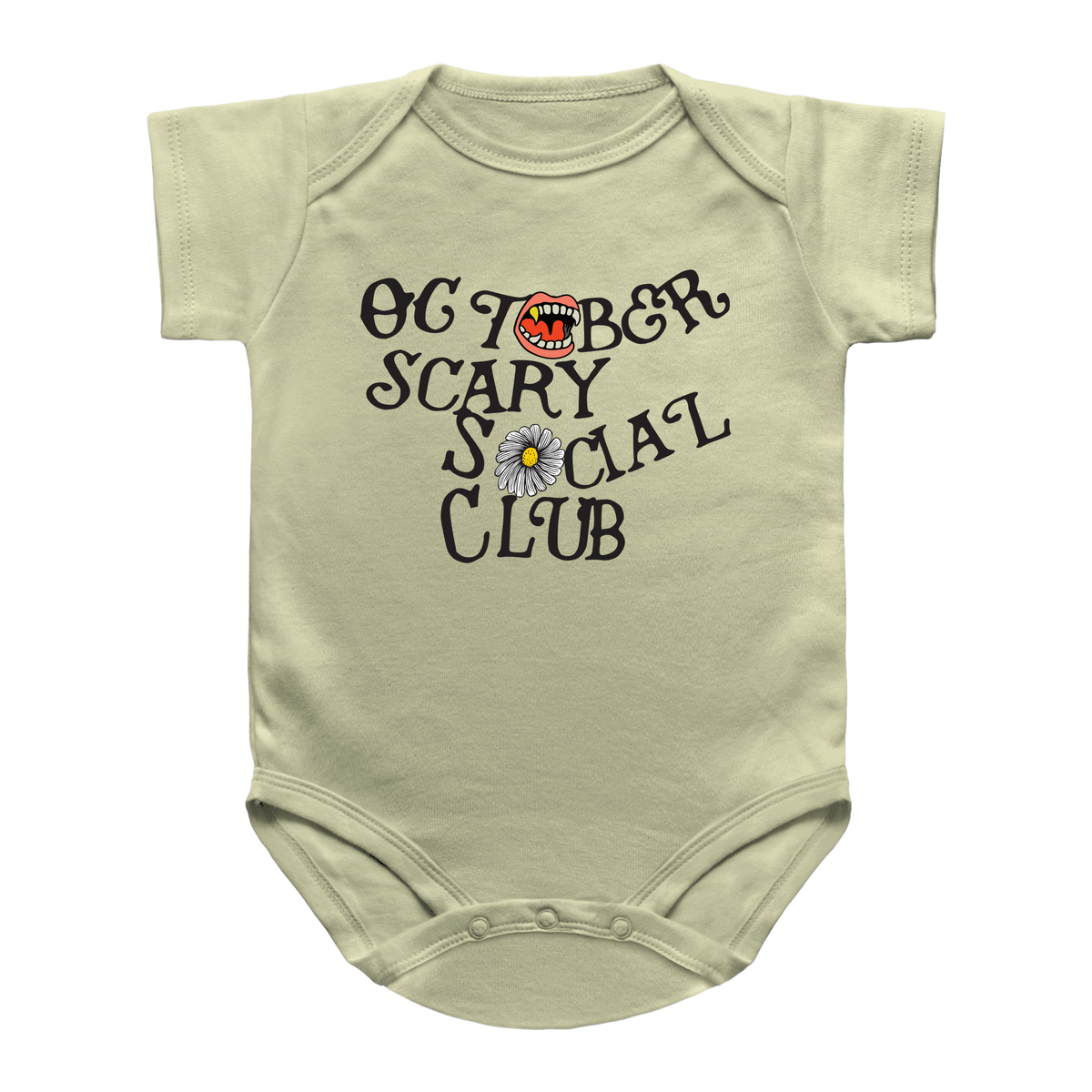 A light yellow infant bodysuit featuring a print on the front that reads &