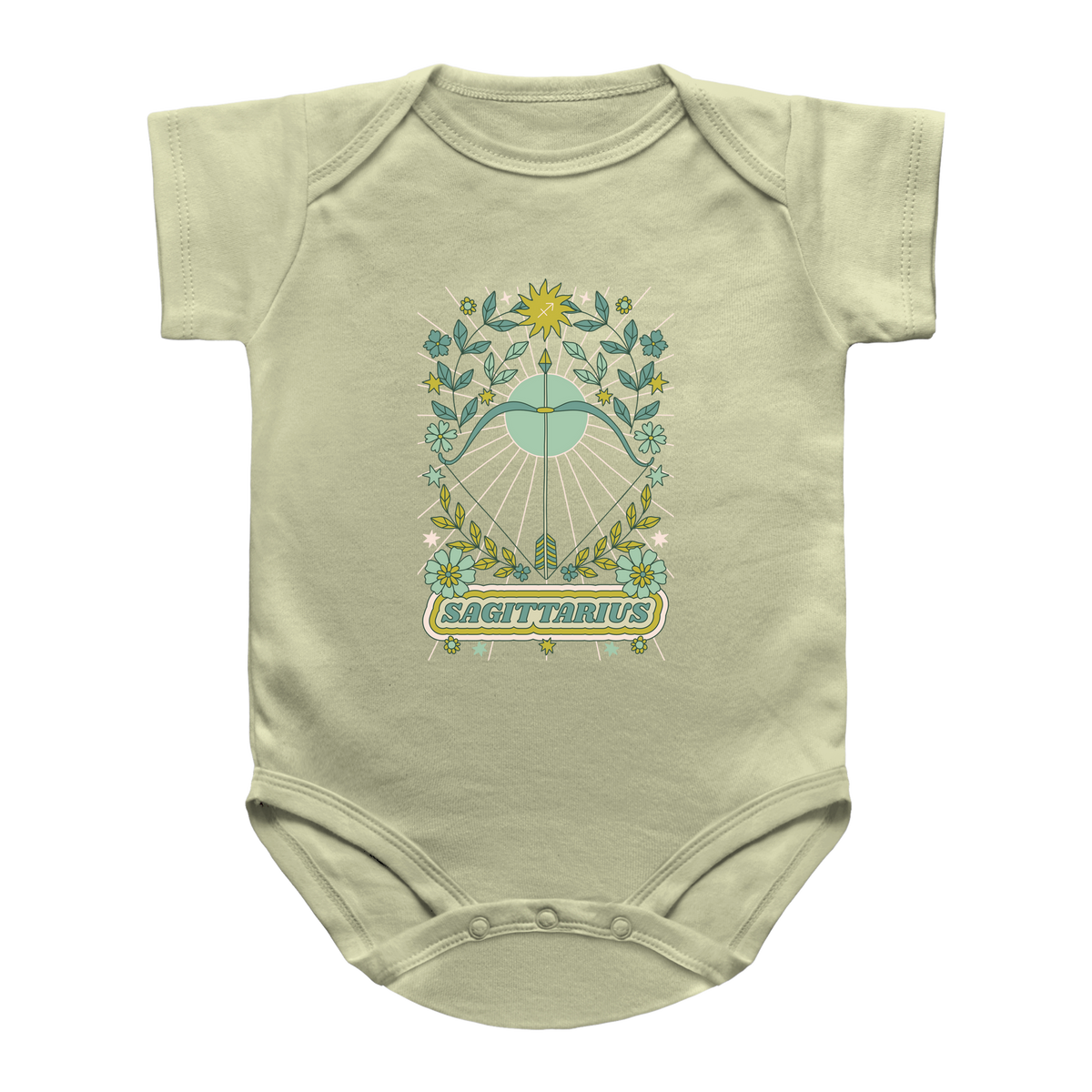 A light yellow infant tarot onesie featuring a Sagittarius astrological graphic on the chest.