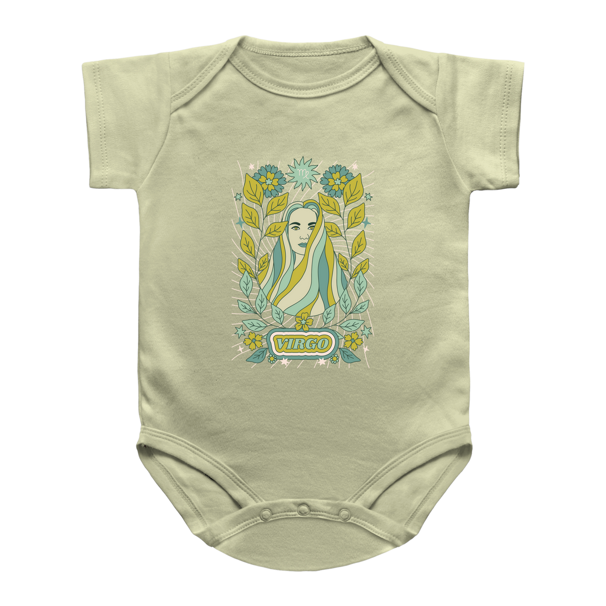 A pale sage green baby bodysuit featuring a colorful graphic print of a Virgo zodiac card design on the chest, displayed against a solid white background that says Virgo.