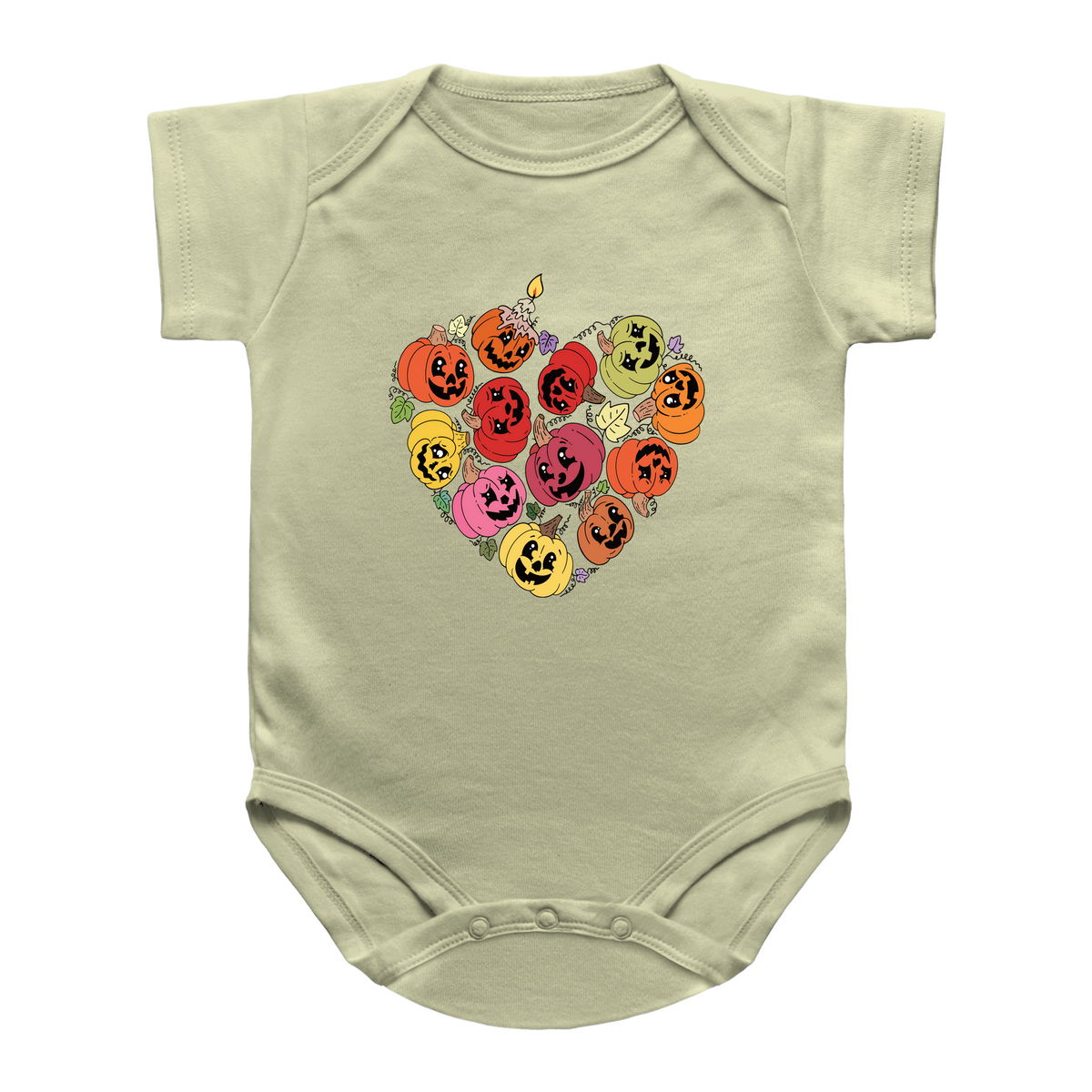 A natural green infant onesie with a heart-shaped graphic of Halloween jack-o&