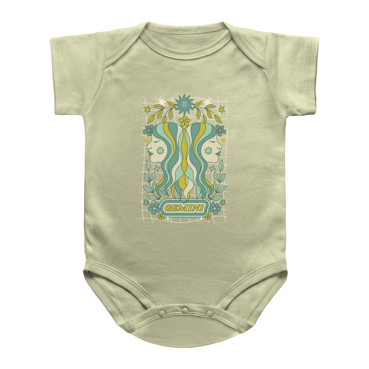 A pale sage green baby bodysuit featuring a retro Gemini astrology graphic print of the Gemini zodiac sign in teal, yellow, and cream, displayed on a clean white background.