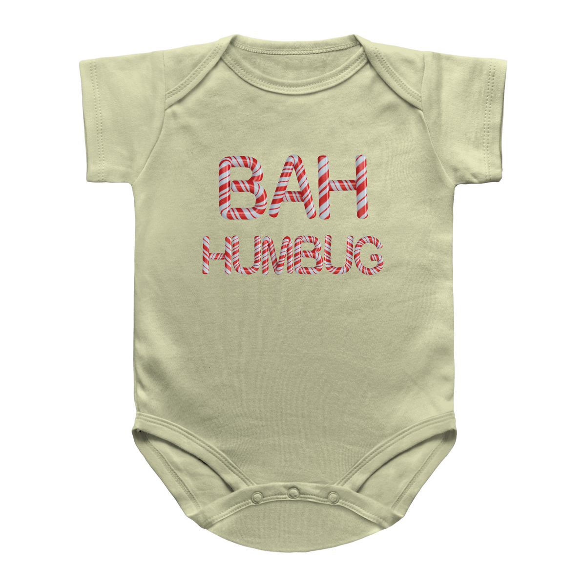 A sage short-sleeve Christmas infant onesie, featuring the text &
