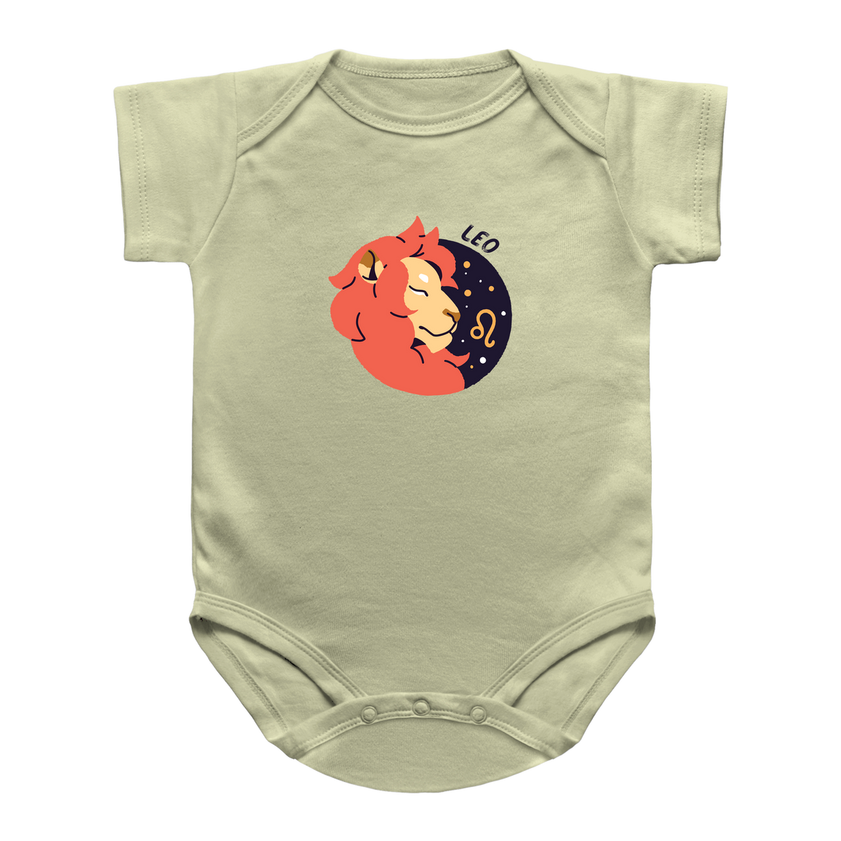 A natural short-sleeve baby bodysuit with a central graphic of a Leo zodiac sign illustration, featuring a red-orange lion face and tail against a dark blue crescent moon with gold stars and the word &