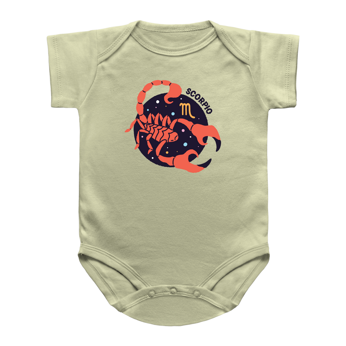 A pale sage green infant bodysuit featuring a graphic of a scorpion in orange and navy blue with the word &