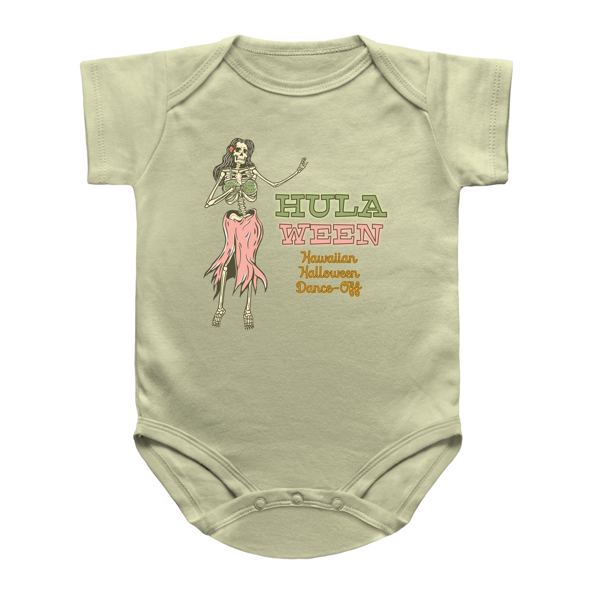 A sage green baby bodysuit featuring a graphic of a skeleton hula dancer with the text &